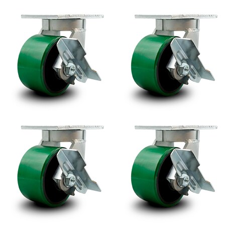 Service Caster 6 Inch Heavy Duty Green Poly on Cast Iron Caster Brakes 2 Swivel Locks, 4PK SCC-KP92S630-PUR-GB-SLB-BSL-2-SLB-2